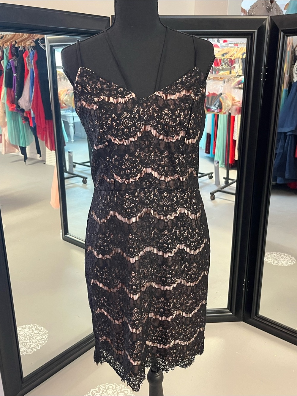 Black Lace Slip Dress with Pink Lining